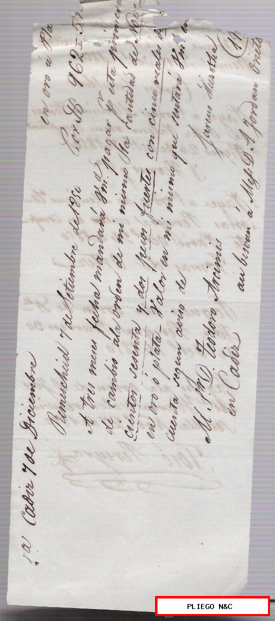Letra de Cambio manuscrita por 962 Pesos fuertes y cinco reales en oro o plata. Remescheid 1850