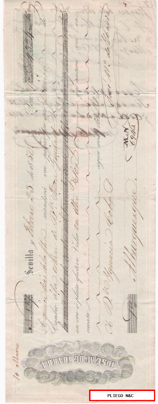 Letra de Cambio por 4.324 Reales de vellón y 16 mar. Sevilla 1850. Pagadera en Alburquerque. Membrete