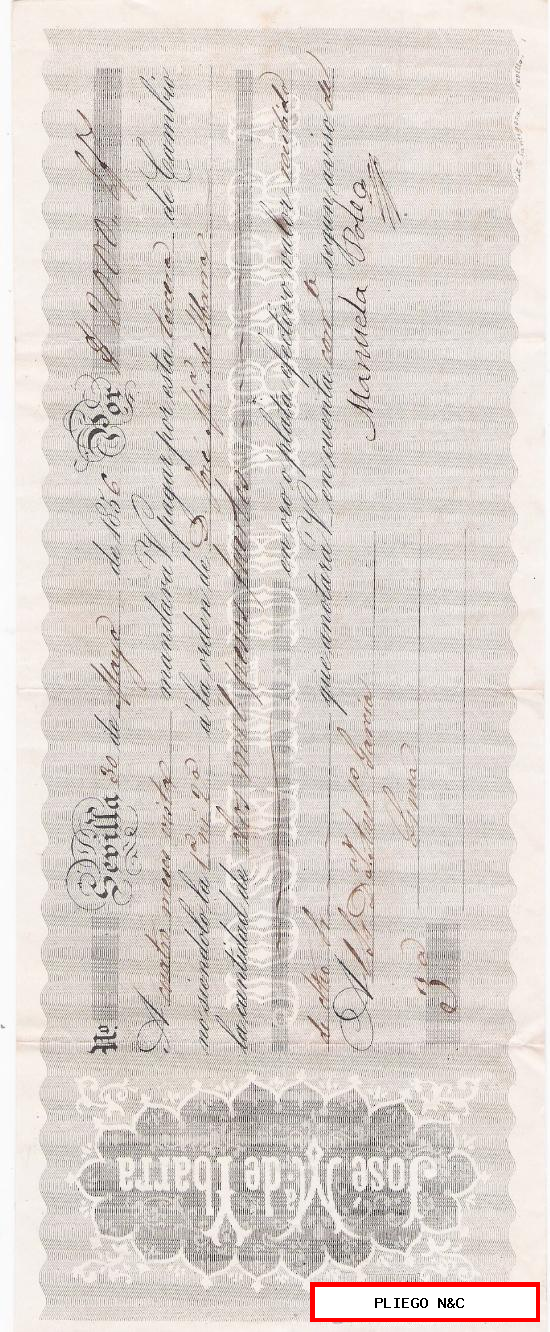 Letra de Cambio por 2.000 Pesos fuertes. Sevilla 1856. Pagadera en La Línea. Membrete