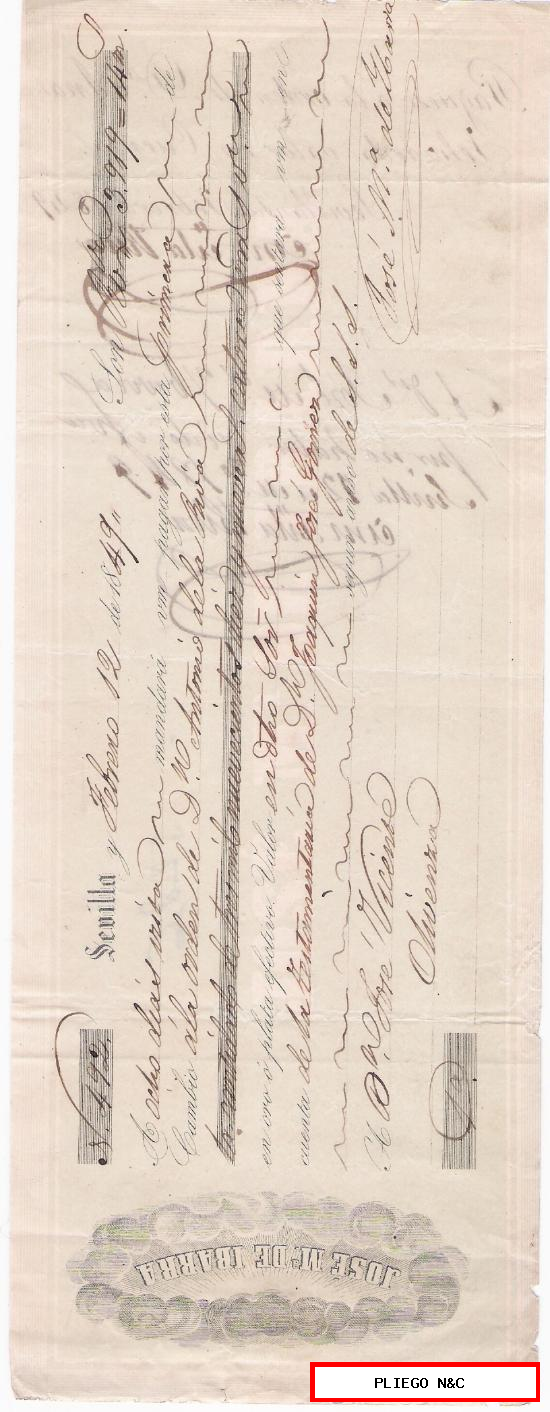 Letra de Cambio por 3. 919 Reales de vellón y 14 mar. Sevilla 1849. Pagadera en Olivenza. Membrete