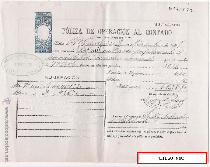 Bolsa de Madrid. Póliza de Operación al contado. Madrid 3 de Diciembre de 1895. con póliza 10 cts.