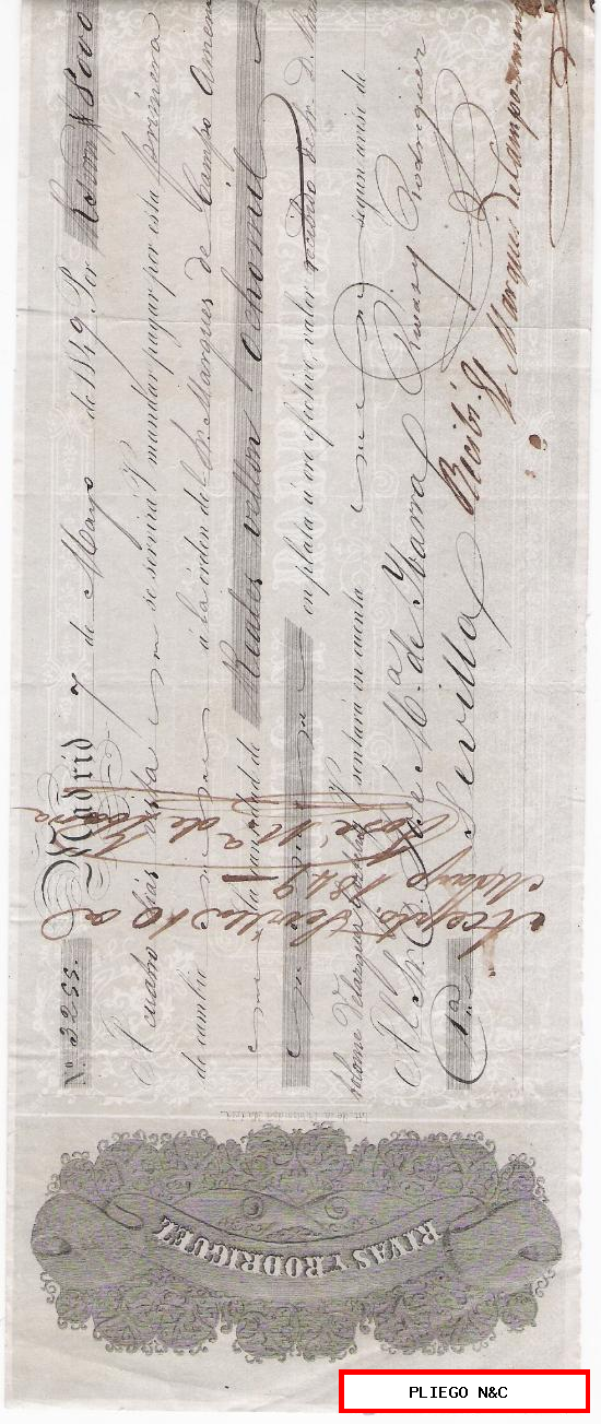 Letra de Cambio por 8.000 Reales de vellón. Madrid 1849. Pagadera en Sevilla. Membrete