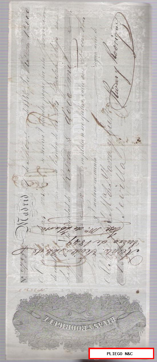 Letra de Cambio por 12.000 Reales de vellón. Madrid 1848. Pagadera en Sevilla. Membrete
