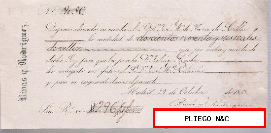 Recibo de pago por 296 Reales de vellón. Madrid 1853. Membrete de Rivas y Rodríguez
