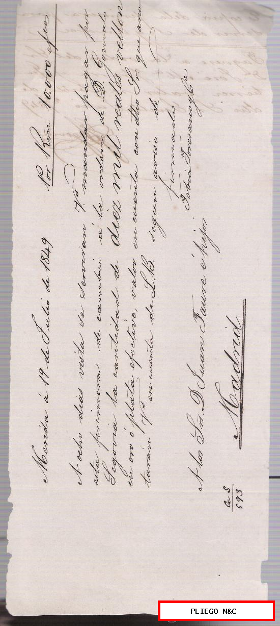 Letra de Cambio manuscrita por 10.000 Reales vellón en oro o plata. Mérida 1849. Pagadera en Madrid