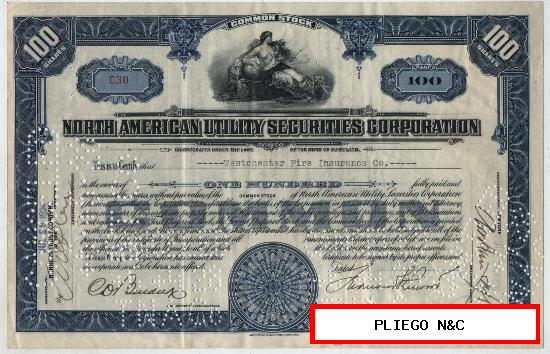 North American Utility Securities Corporation. 1926. Bonito certificado (common stock)