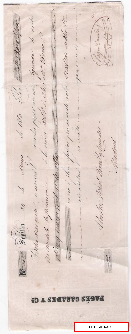 Letra de Cambio por 19.000 Reales vellón. Sevilla 1850. Pagadera en Madrid. Membrete Pagés