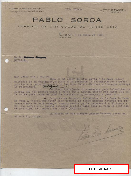 Pedido con membrete. Pablo Soroa. Éibar 3 de junio de 1938