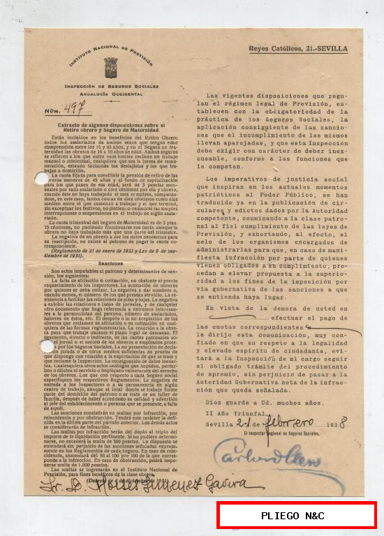 Instituto Nacional de Previsión. Inspección de Seguros Sociales. Reyes Católicos 21, Sevilla 1938