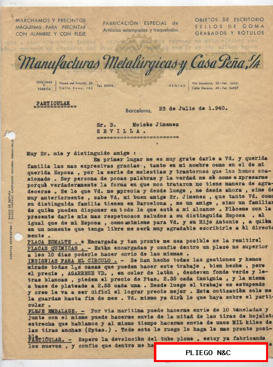 Carta respuesta de Manufacturas Metalúrgicas y Casa Peña. Barcelona 1940