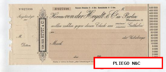 Cheque Bancario sin rellenar. Heydt & Co. in Berlin, año 1900