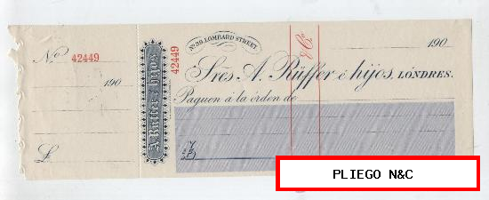 Cheque Bancario sin rellenar. A. Ruffer e hijos Londres, año 1900