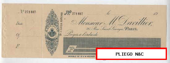Cheque Bancario sin rellenar. M. Davillier. París, año 1900