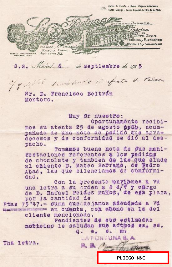 La Fortuna. Fábrica de Chocolates. Madrid 6 de Septiembre de 1935