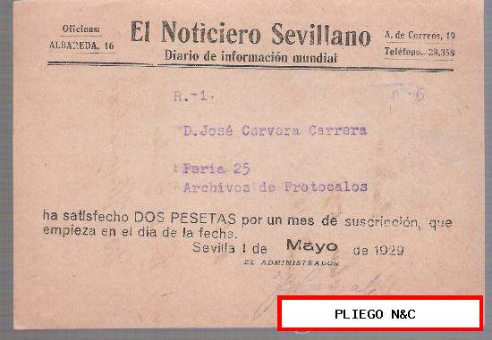 El Noticiario Sevilla no. Suscripción Mes de Mayo de 1929