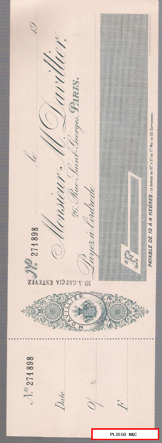 Cheque Francés con membrete (sin rellenar) de 1900