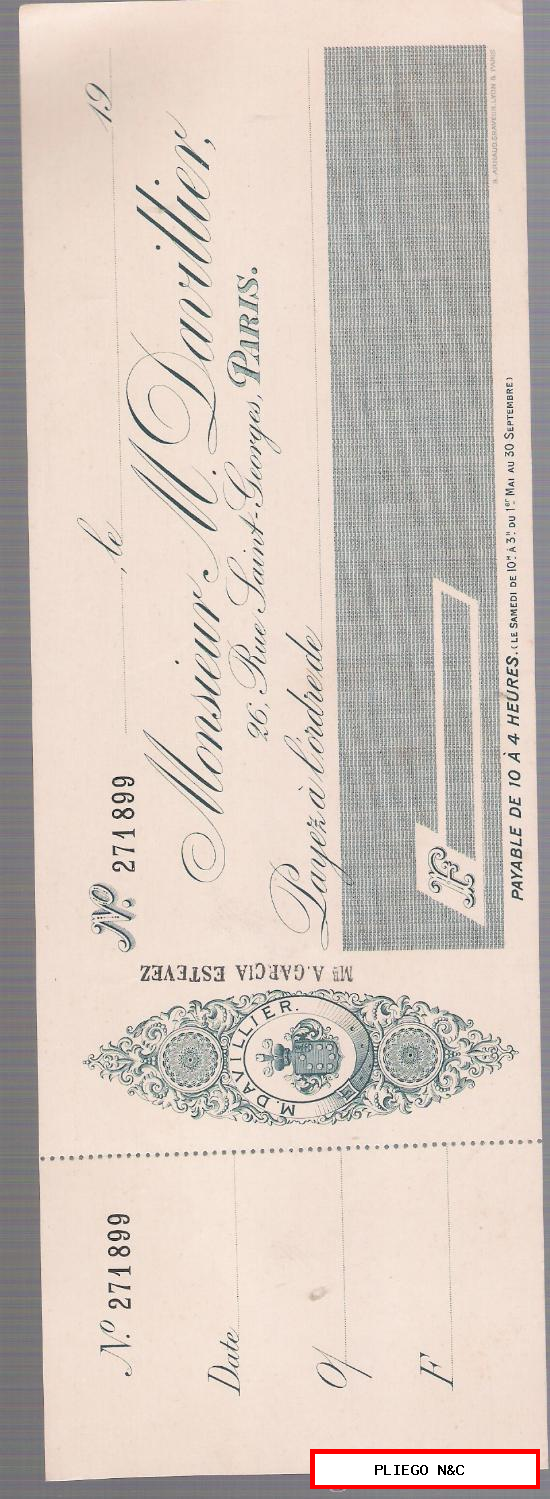 Cheque Francés con membrete (sin rellenar) de 1900