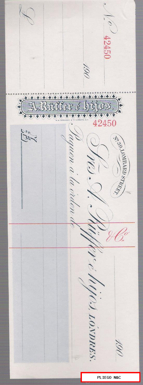 Cheque Inglés con membrete Español (sin rellenar) de 1900