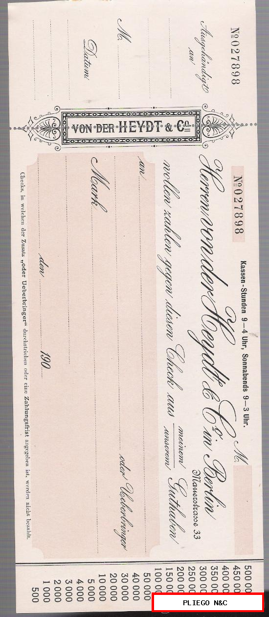 Cheque Alemán con membrete (sin rellenar) de 1900