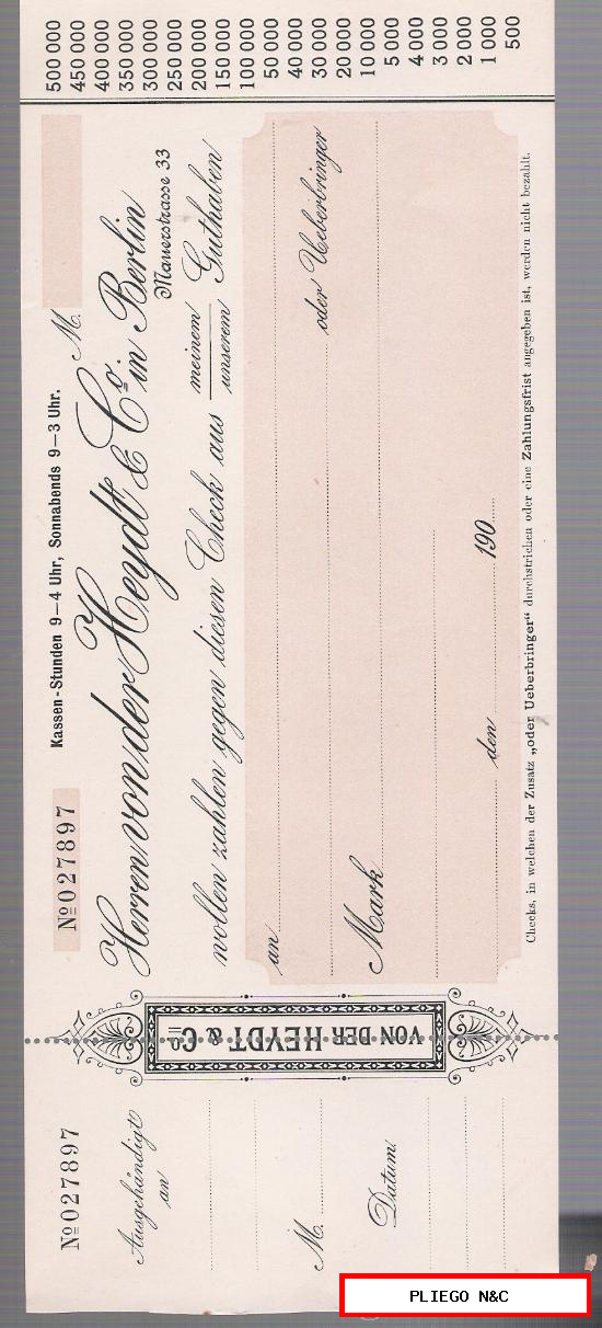 Cheque Alemán con membrete (sin rellenar) de 1900