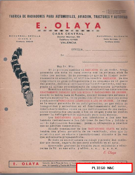 Hoja oferta de Radiadores E. Olaya. Años 30