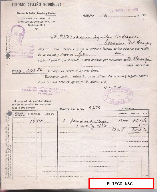 Factura comercial con membrete. Huelva 11 Noviembre de 1938. Tampón de Saludo a Franco