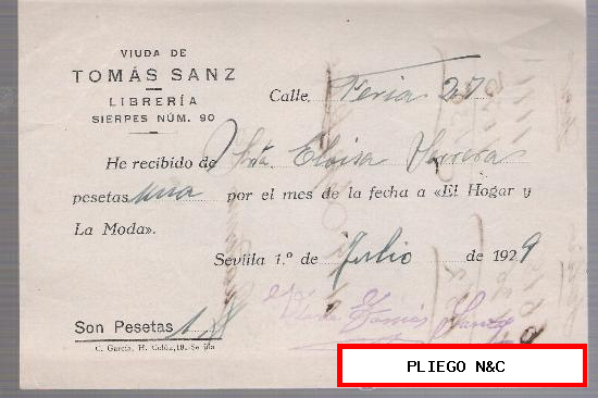 Hoja de pago de Librería Tomás Sanz. Por un mes de El Hogar y la Moda. Sevilla 1929