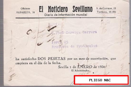 El Noticiero Sevilla no. Diario de Información Mundial. Pago de suscripción por un mes. Sevilla 1930