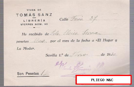 Librería Tomás Sanz. Pago de un mes de El Hogar y la Moda. Sevilla 1930
