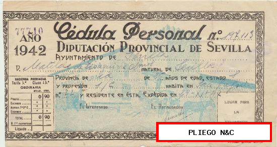 Cédula Personal. Diputación Provincial de Sevilla 1942. Al dorso sello de 50 cts. de Auxilio de Invierno