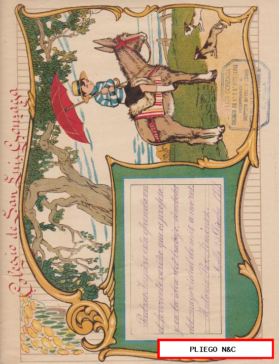 Colegio de San Luis Gonzaga. Sevilla. Hoja (22x32) de Felicitación de Navidad a los Padres. 1921
