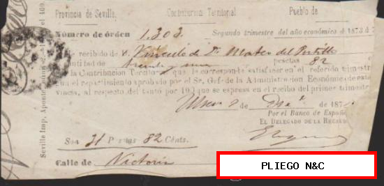 Recibo de Contribución Territorial. Provincia de Sevilla. Año 1873