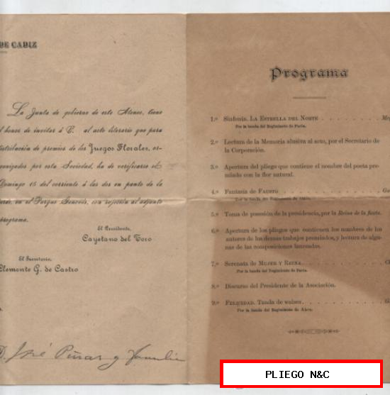 Ateneo de Cádiz. Programa de los Juegos Florales. Siglo XIX. (25x13) Dos hojas
