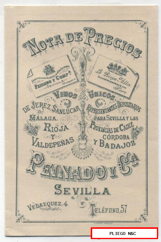 Peinado y Ca. Vinos Únicos. Nota de Precios. Sevilla. 4 hojas (17x11,5) Hacia 1900