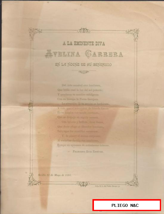 A la Eminente Diva Avelina Carrera. Poesía dedicada a la artista el 11 Mayo 1995
