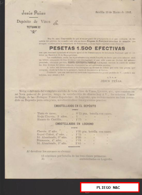 Jesús Peñas. Depósito de Vinos. Tetuán, 32-Sevilla 1901. (27x21) Con lista de precios