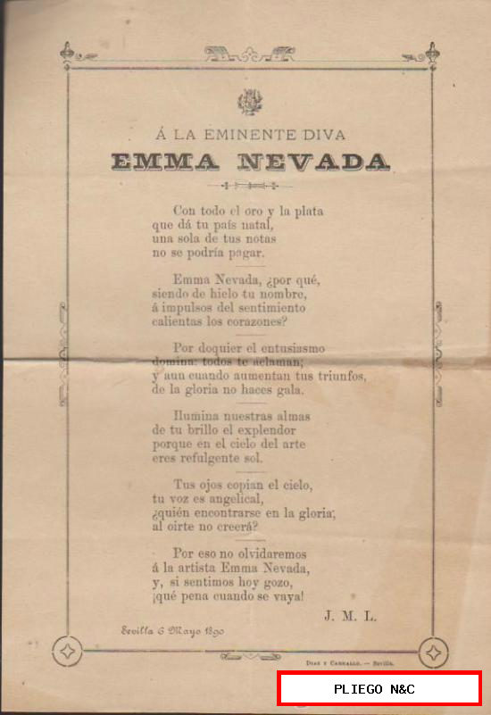 A la Eminente Diva Emma Nevada. Poesía dedicada a la artista. Sevilla 6 Mayo 1890