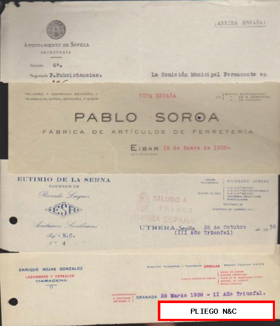 Membretes Comerciales. Lote de 4. año 1938. Con SALUDO A FRANCO, ARRIBA ESPAÑA
