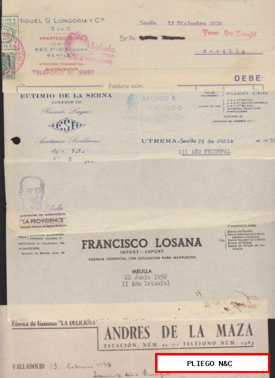 Membretes Comerciales. Lote de 5. año 1938. Con SALUDO A FRANCO, ARRIBA ESPAÑA