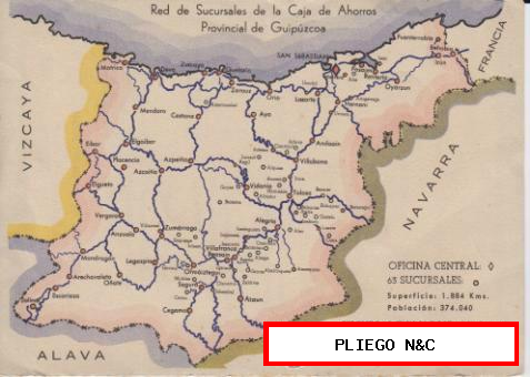 Mapa (12x17) de Guipúzcoa. Hoja de un Balance de 1956