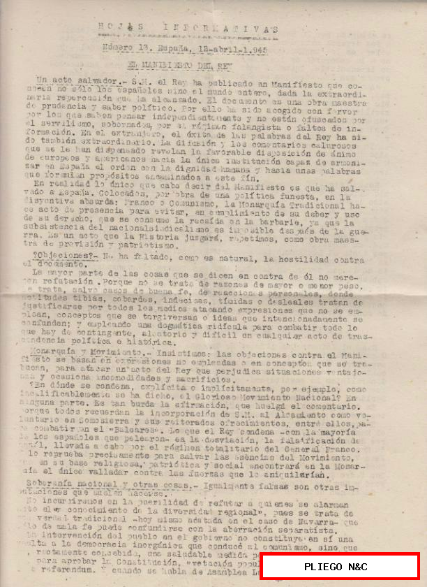 Hojas Informativas. Número 13. España, 12 abril-1945. El Manifiesto del Rey