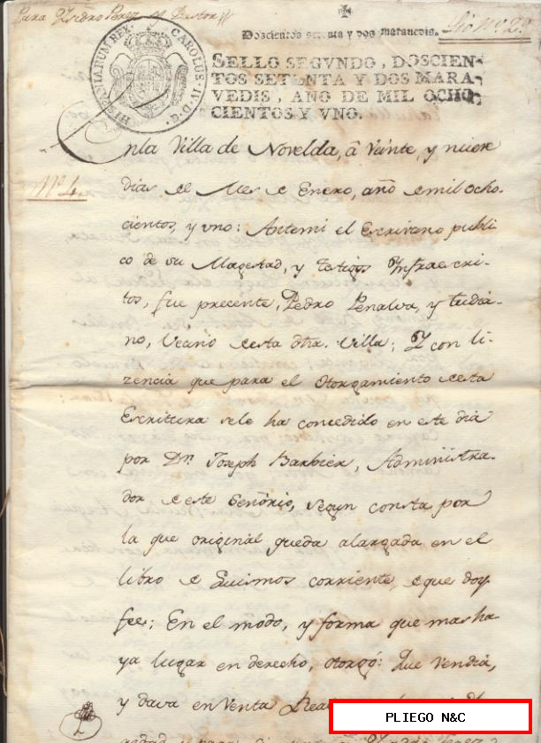 Escritura otorgada por el escribano de su Majestad en la Villa de Novelda en 1801