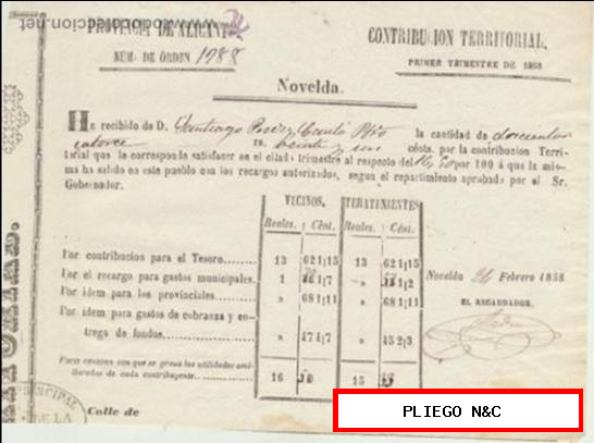 Contribución Territorial. Provincia de Alicante-Novelda. Primer Trimestre 1858