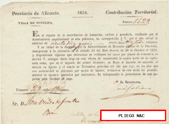 Contribución Territorial. Provincia de Alicante. Villa de Novelda. 1858
