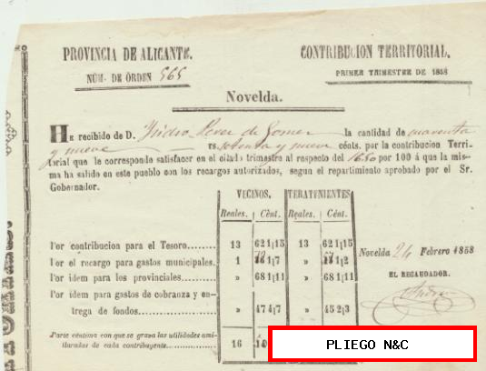 Provincia de Alicante. Novelda. Contribución Territorial Primer Trimestre de 1858