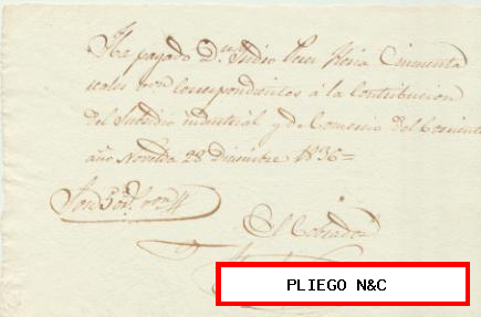 Recibo de pago de la Contribución Industrial y de Comercio. Novelda 1836
