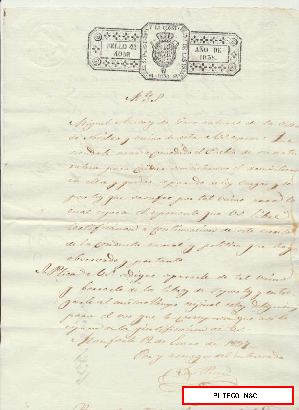 Escritura en la villa de Novelda en 1838. Redactado sobre una hoja con sello en negro de 40 maravedí