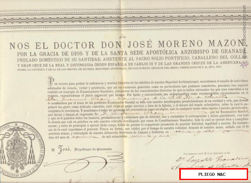 Título (43x34) concedido por el Arzobispo de Granada Don José Moreno Mazón, de Examinador Sinodal a favor de D. Jeró