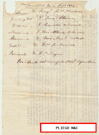 Ministros de 30 de Julio 1854. Estado D. Juan. Pacheco. Gracia y Justicia D. José Alonso. Guerra. Leopoldo