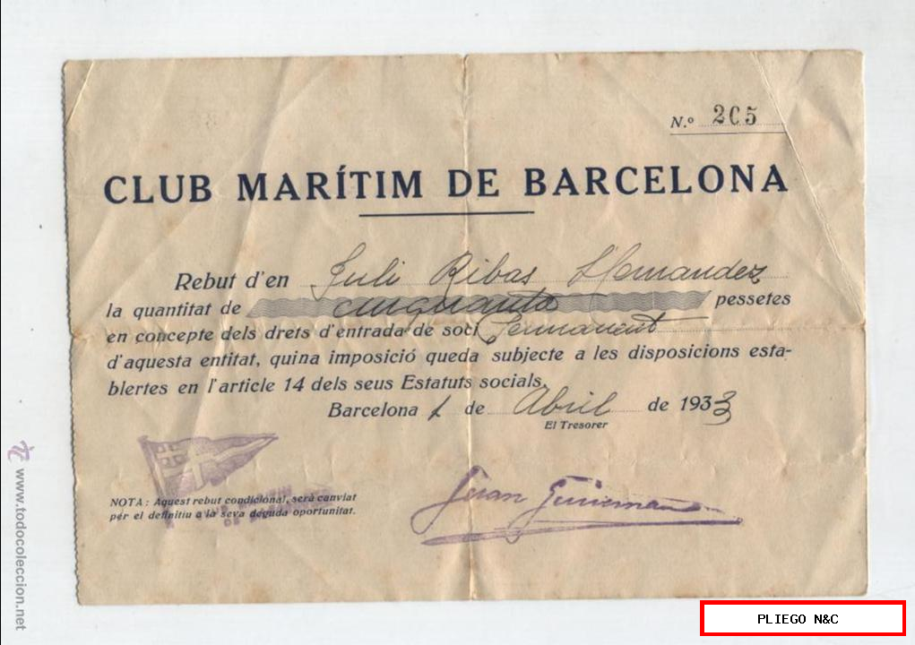 Club Marítimo de Barcelona. Recibo de pago de Socio. Barcelona 1 de Abril de 1933